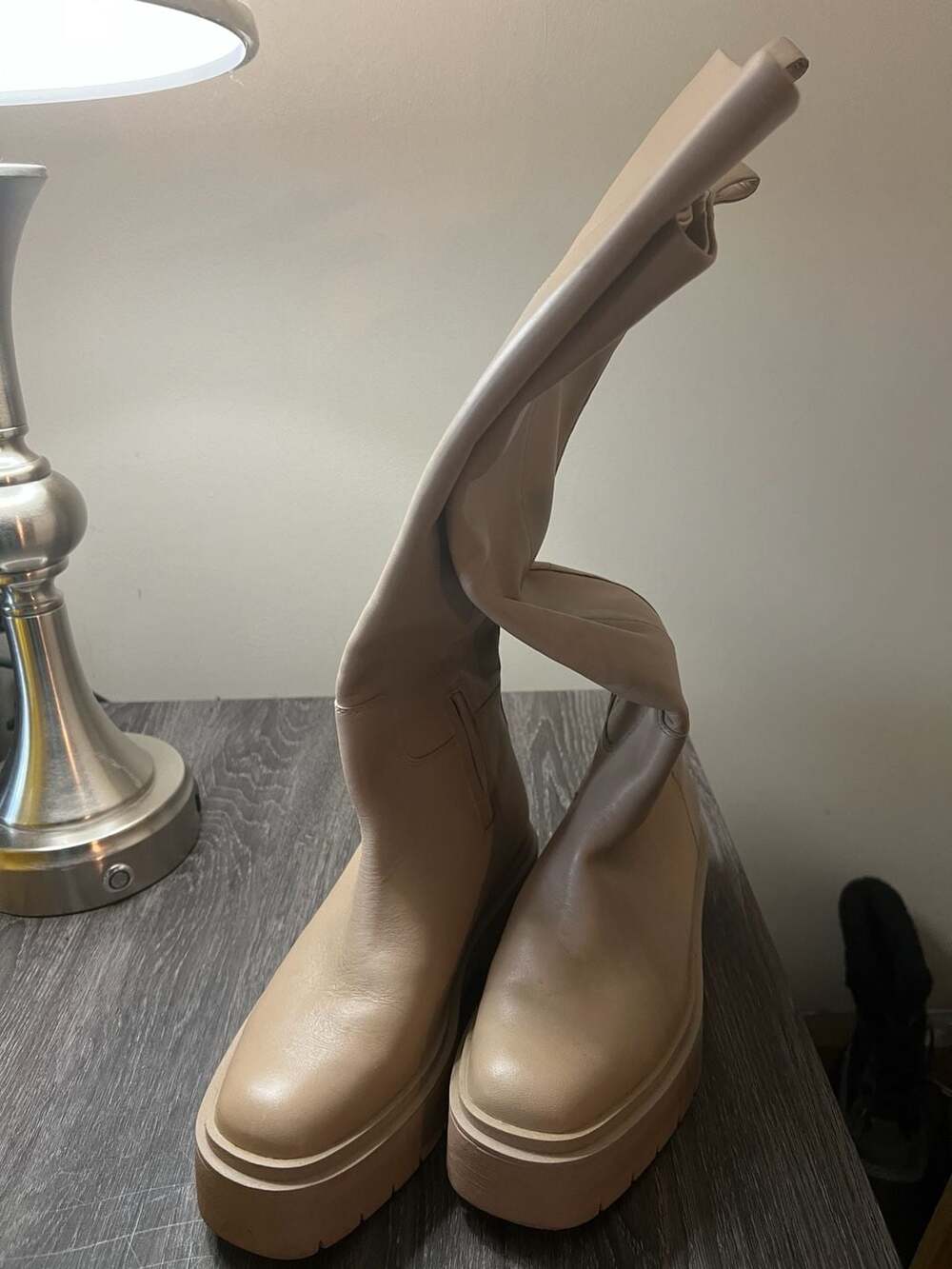 Sam Edelman Knee High Platform Boot Size 7 Beige Leather Lug Sole